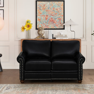 Salon en similicuir noir avec tissu lisse, structure solide en bois massif et en métal, rembourrage confortable, capacité de poids de 600 lb, facile à assembler, décoration à clous, rangement inclus