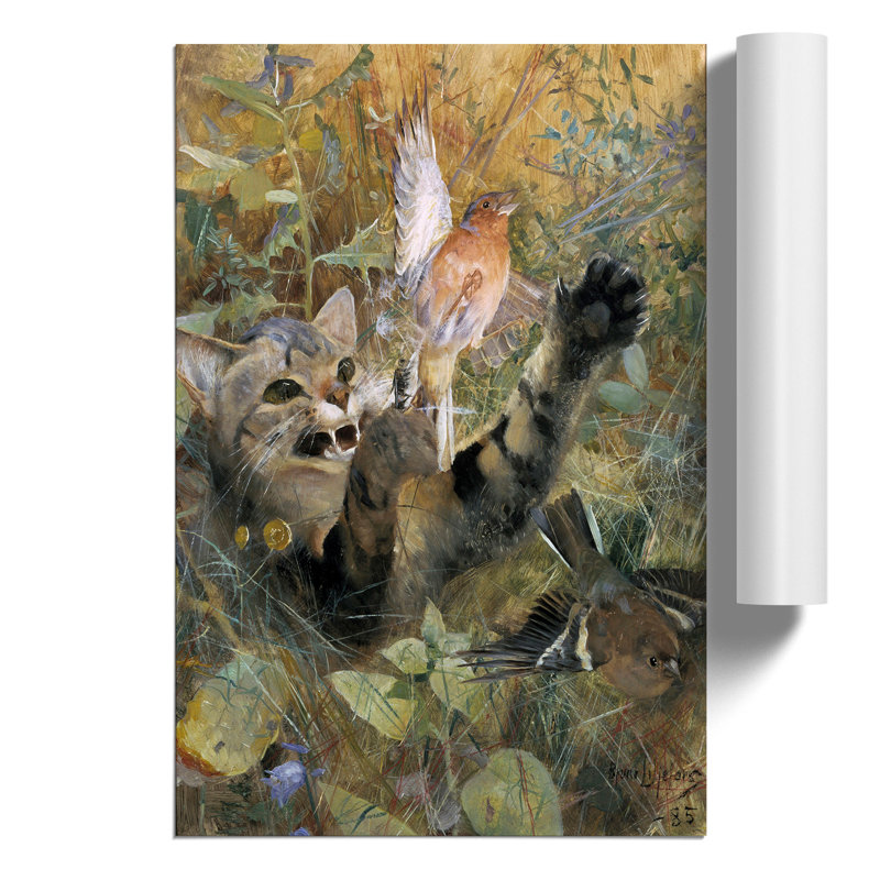 A Cat and a Chaffinch Bird by Bruno Liljefors - Frameless Print, 59cm H x 42cm W x 0.1cm D