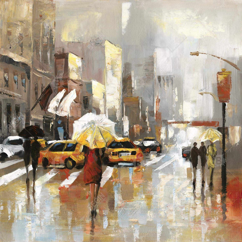 Toile grise contemporaine pour chambre à coucher | «People with Umbrellas», art