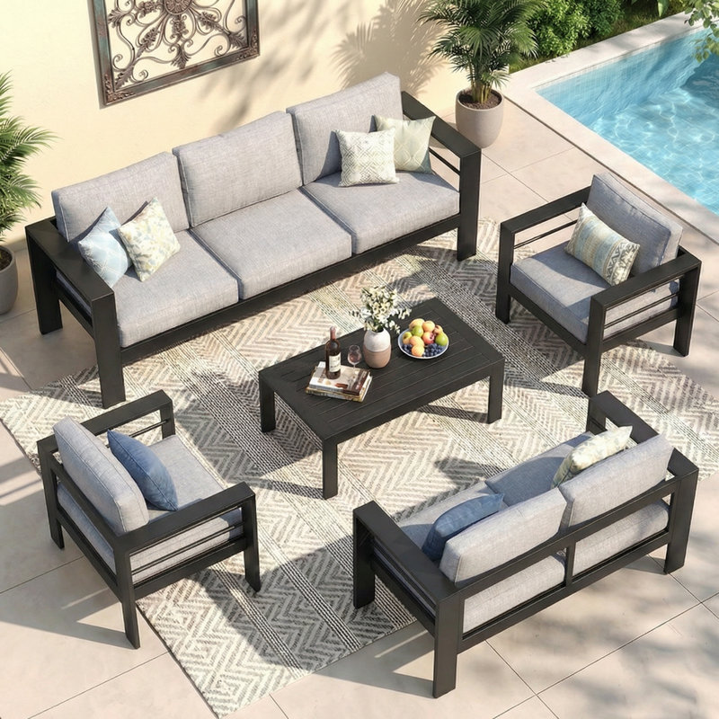 Ensemble de conversation pour patio pour 7 personnes avec coussins, Light Gray Cushion/Black Frame