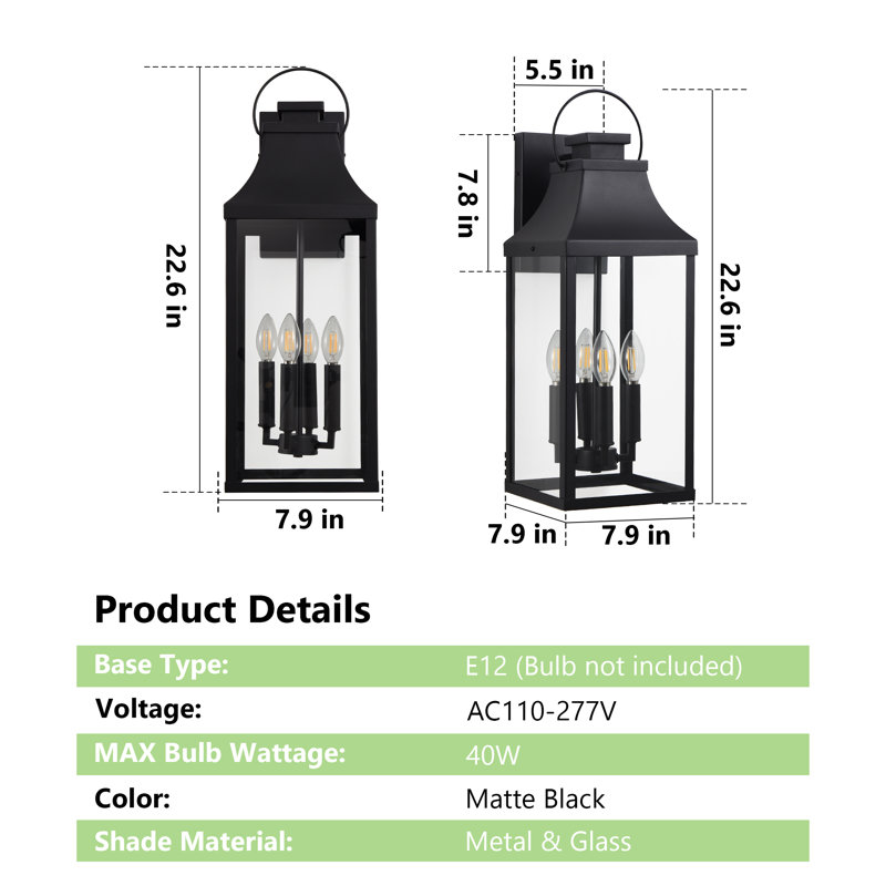 4-Light 23 In. Black Outdoor Wall Light Fixture, Waterproof Wall Lantern Sconce Farmhouse Hardwired Wall Mounted Front Door Porch Light