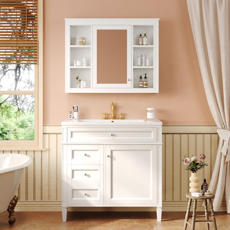 Meuble-lavabo simple avec plateau Jayliana, Blanc, Argent