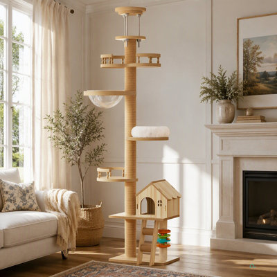 Du sol au plafond, arbre à chat, tour à chat avec poteau à griffes, hauteur réglable (98 à 110 pouces), grand lit en bois et hamac, arbre à chat moderne