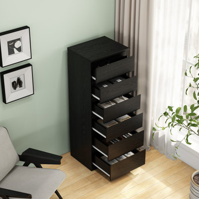 Modern Slim Vertical Dresser, Black Wood Finish 6-Drawer Chest for Small Spaces, Closet & Apartment Storage Organizer