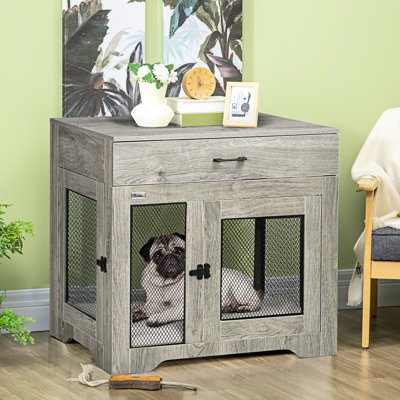 Grey Dog Crate With Supportive Foam Cushion & Organized Drawer Puppy Soft Pad And Functional Storage Drawer,