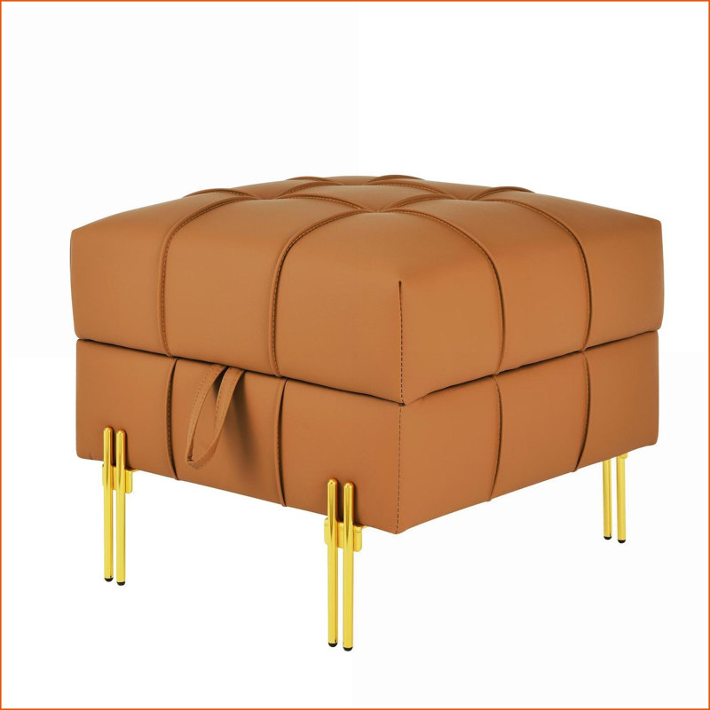 Ottoman, 22 Inch Beige Anti-Scratch Leather Storage Bench, Pet-Friendly Entryway Seat with Stainless Steel Legs | Metal