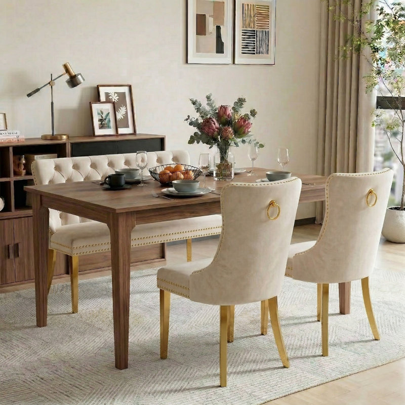 Ensemble de coin repas 3 pièces avec banc capitonné et chaises de salle à manger rembourrées, Doré, Beige, Doré