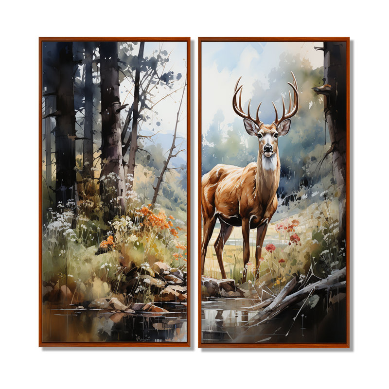 Chevreuil gracieux - ensemble d'art mural brun de 2, 32" H x 32" W, Impression encadrée flottante, Brown