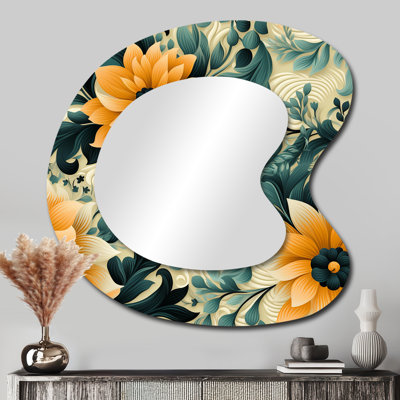 Boho damassé d'été, rêves tropicaux I - Art floral en métal - Miroir mural asymétrique traditionnel