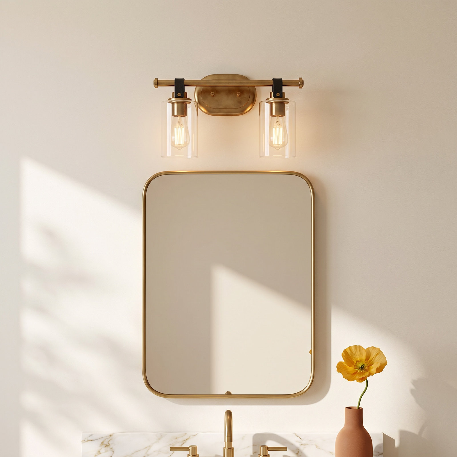 April 2 Light Transparent Dimmable Vanity Light, Heritage Brass