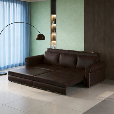 Canapé Chesterfield, canapé-lit gigogne de 93,7 po, canapé-lit convertible 3 en 1 en similicuir avec garniture cloutée et accoudoirs roulés, canapé-lit multifonctionnel pour le salon