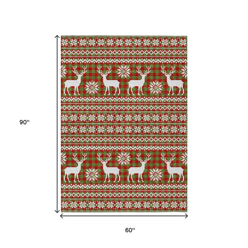 Tapis lavable intérieur/extérieur 152 x 244 cm, motif cerf vert fougère, rouge et ivoire