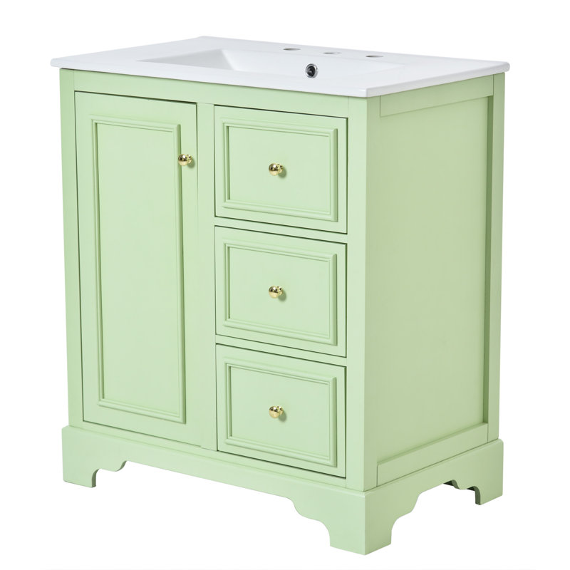 Meuble-lavabo élégant avec lavabo en céramique et grand rangement, Vert, Doré