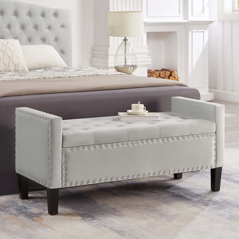 Banc de rangement rembourré capitonné avec accoudoirs, Gris