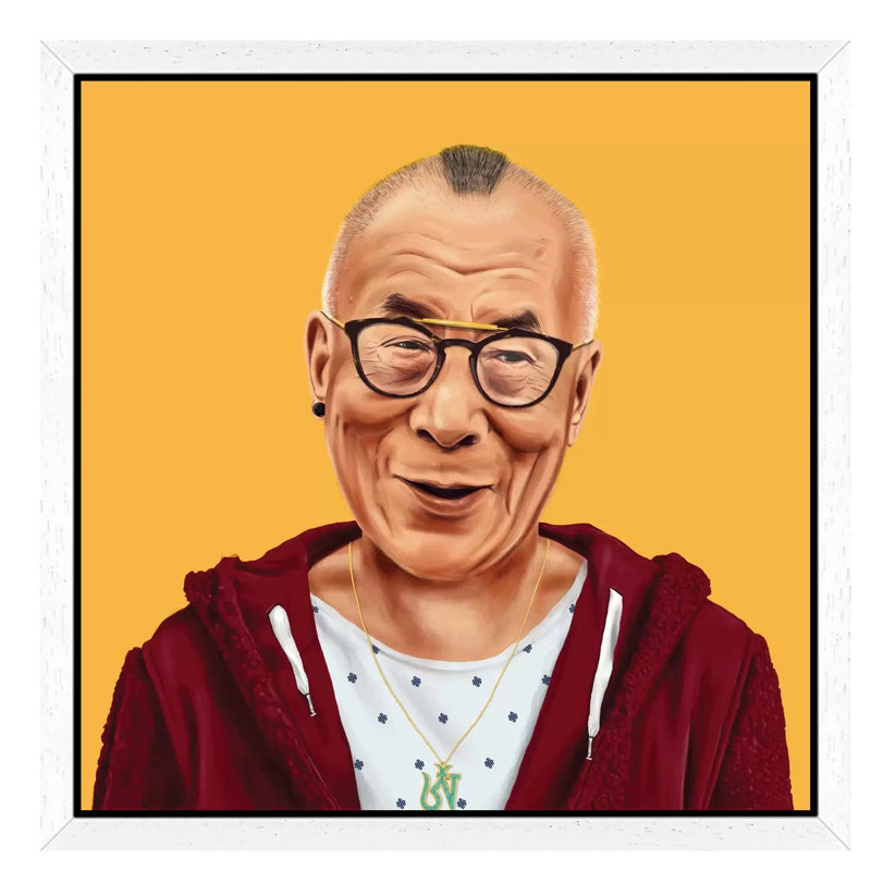 Dalai Lama by Amit Shimoni - Floater Frame Print on Canvas, 45.72 cm H x 45.72 cm W, White Framed