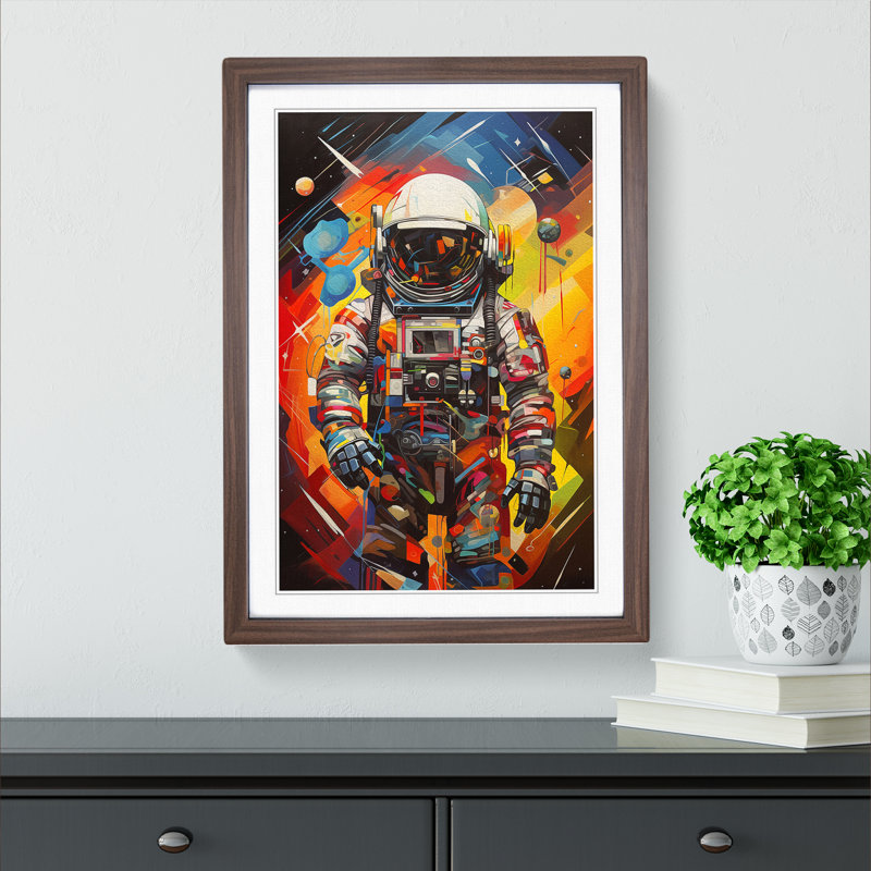 Astronaut Cubism Art - Framed Print, 64cm H x 46cm W, Walnut Framed