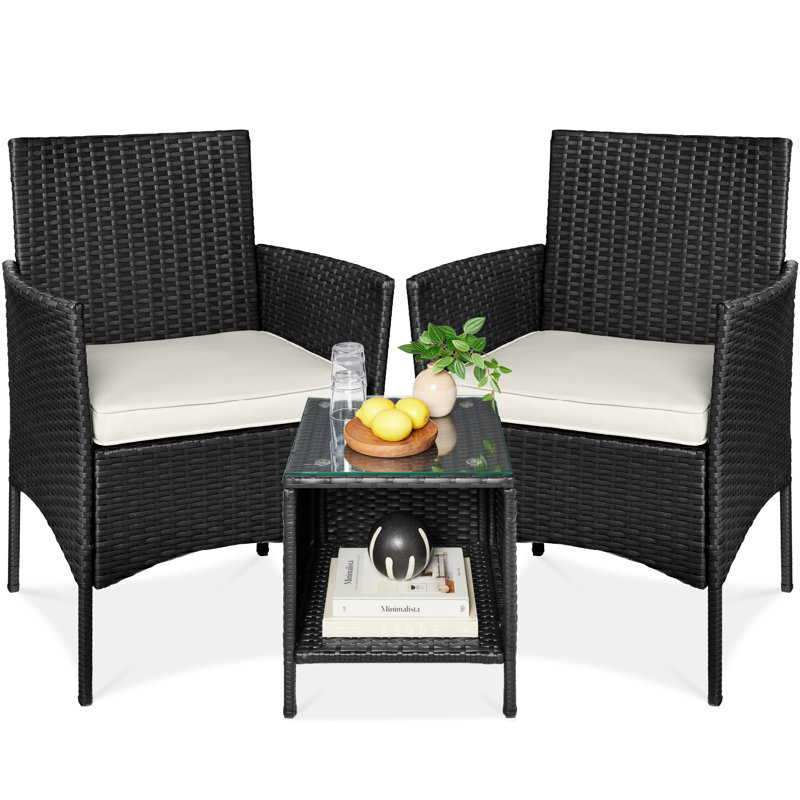  3-Piece Outdoor Wicker Conversation Patio Bistro Set, W/ 2 Chairs, Table, Deep Burgundy, Black