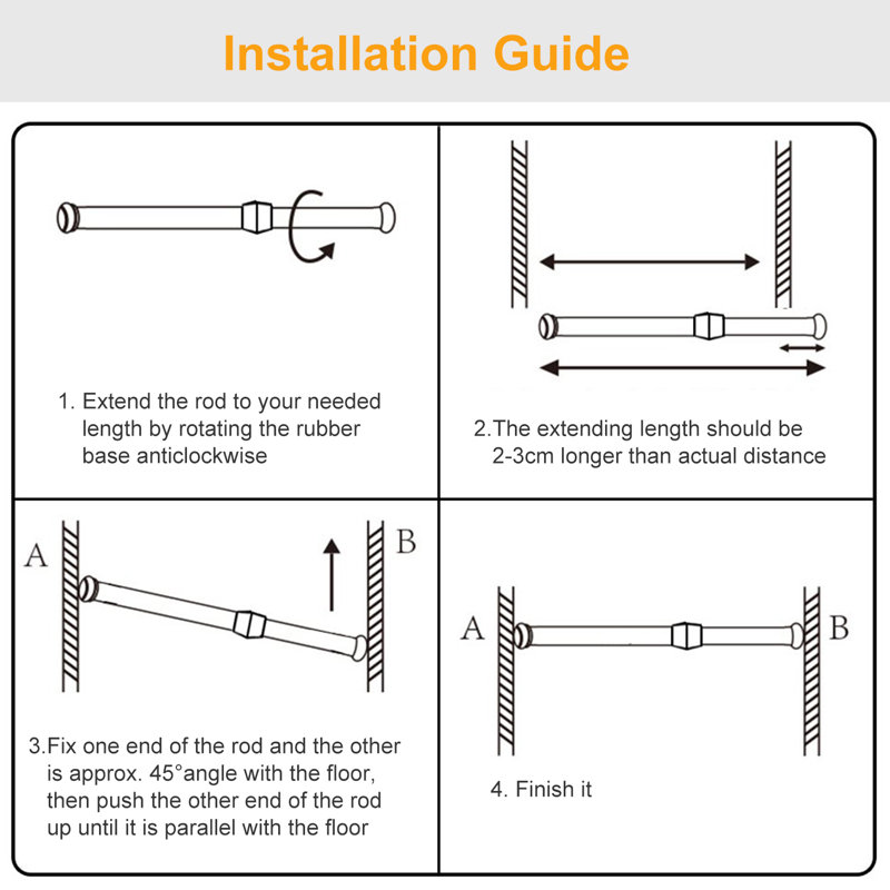 Adjustable 200cm Silver Steel Tension Curtain Rod