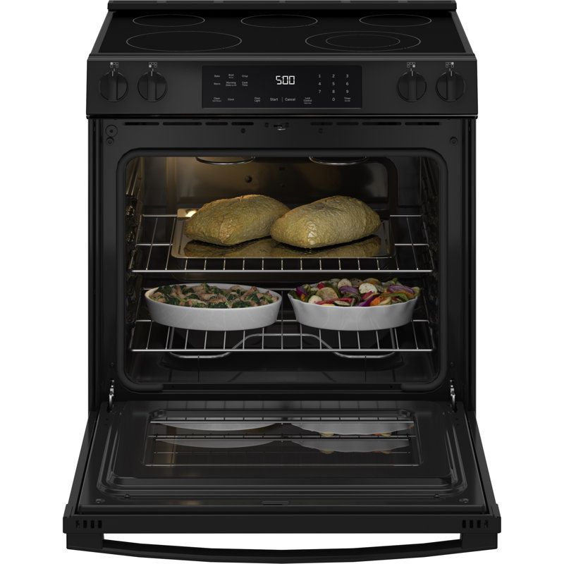 GE® ENERGY STAR® 30" Slide-In Electric Range with Crisp Mode, Stainless Steel, Black