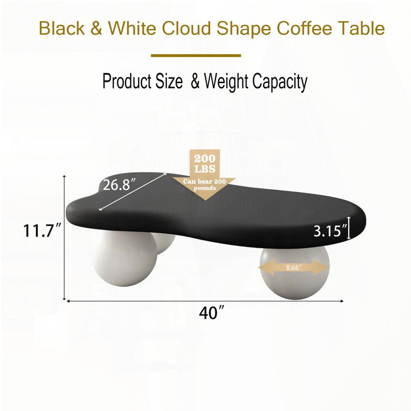 Table basse en forme de nuage avec 3 pieds sphériques - Gris, H 13,78 po x L 47,2 po x l 31,5 po, Plateau noir / base blanche