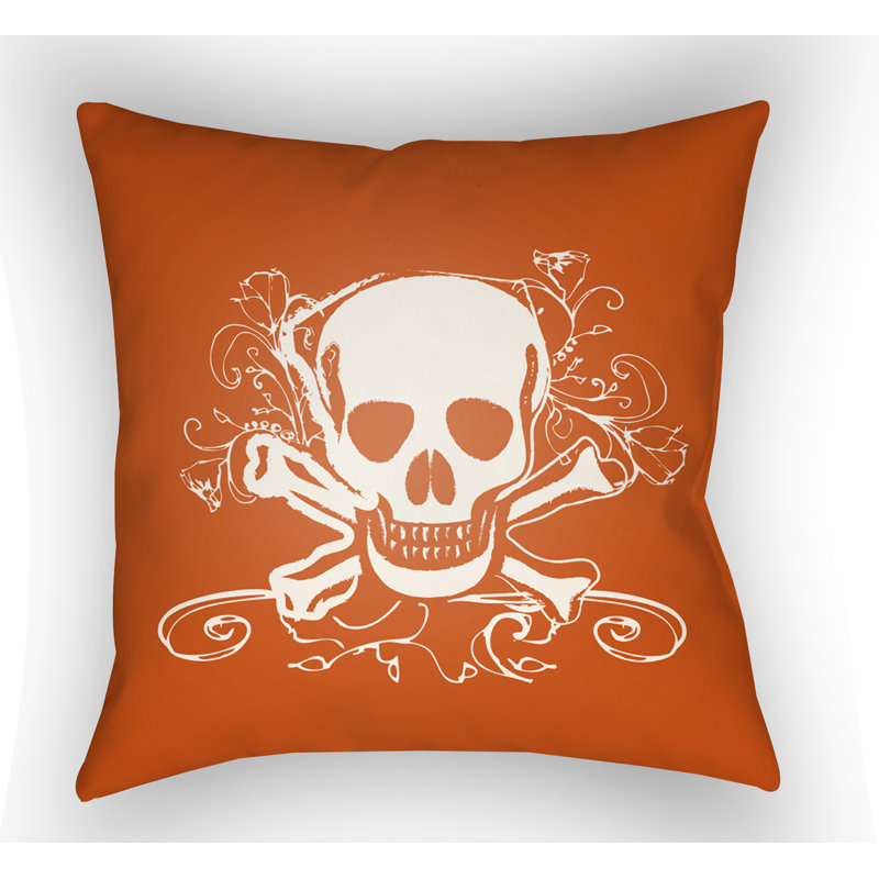 Punk Skull and Bone Throw Pillow, 18" H x 18" W x 4" D, Orange