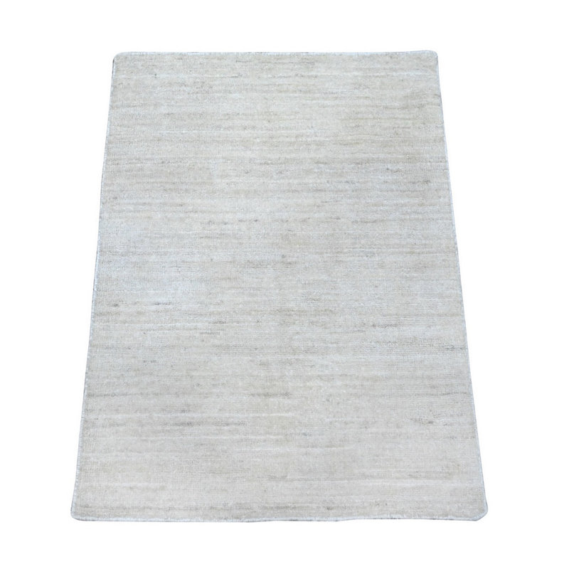 Tapis oriental nacré 2 pi 1 po x 3 pi blanc perlé noué à la main de conception moderne de couleur unie avec motif uni, Shabby Chic, teintures naturelles, 100% laine