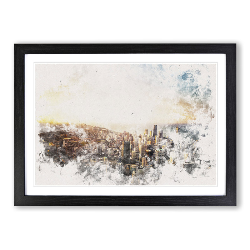 High over the Chicago Skyline - Picture Frame Painting Print, Black Framed, 36cm H x 48cm W x 2cm D