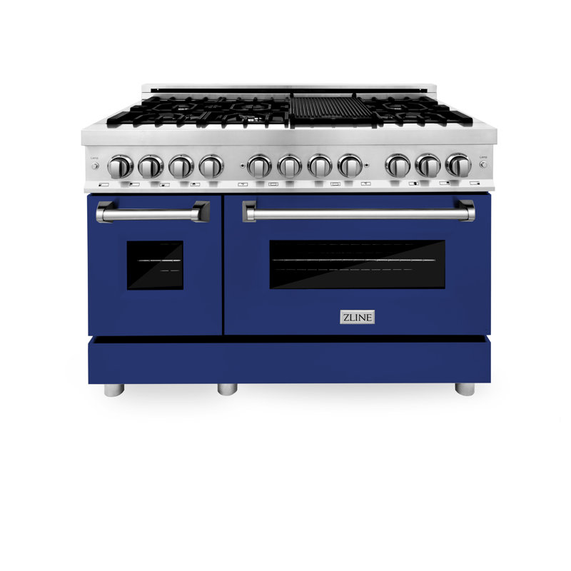 ZLINE 48" Legacy Dual Fuel Range w/ 7 Burner Gas Cooktop and 2 Electric Ovens, Blue Gloss Stainless Steel