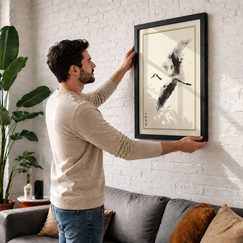 Crane In Flight Japandi - Print, A1 - 84.1 x 59.4 cm, White