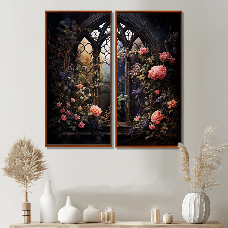 «Floral Window», art mural 2 pièces, H 32 po x l 32 po, Impression encadrée flottante, Brun
