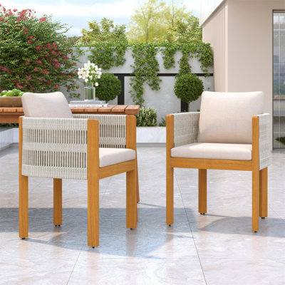 Ensemble de 2 chaises de salle à manger d'extérieur en bois d'acacia avec poignées en corde blanche, coussins lavables et imperméables beiges, capacité de 400 lb