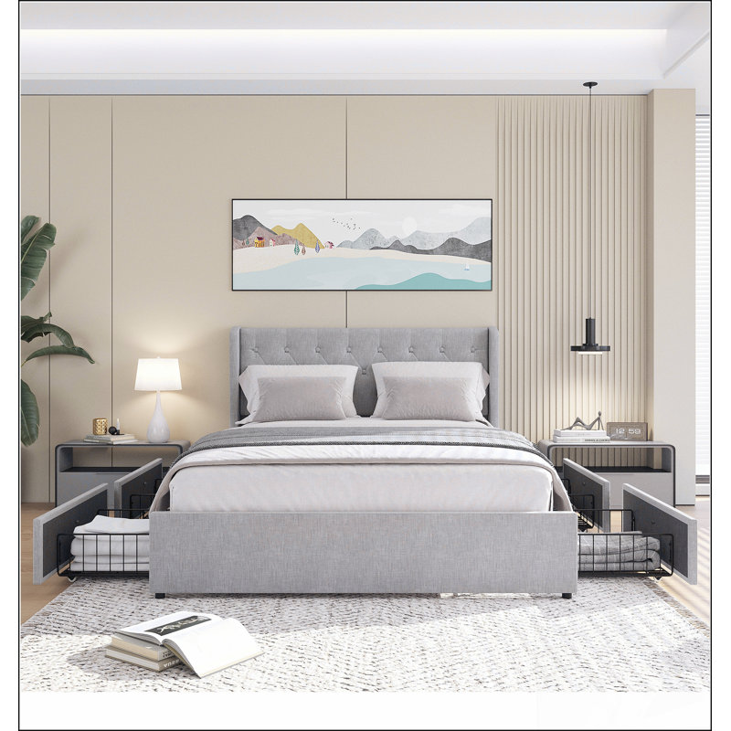 Structure de lit grand format avec 4 tiroirs de rangement, tête de lit à oreilles et capitonnage à boutons gris clair