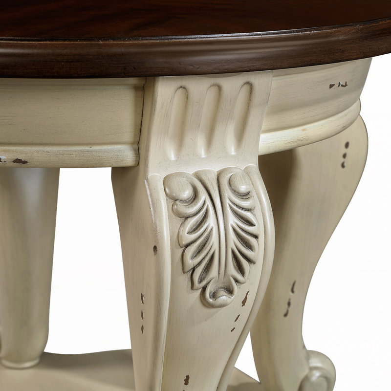 Solid Wood Round End Table with Shelf, Beige/Espresso
