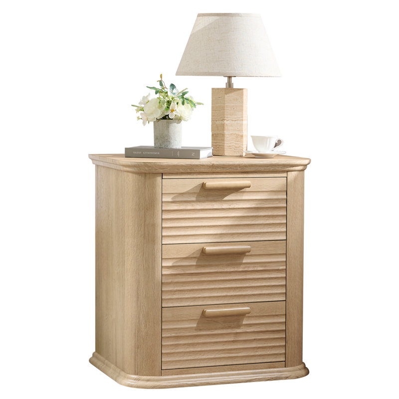 22" Wide Fluted Nightstand With Charging Station, Modern 3 Drawer End Table For Bedroom And Living Room | Gift Idea, Oak