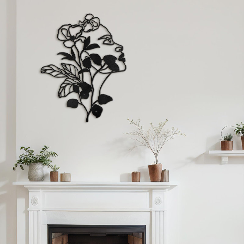 Élégante décoration botanique moderne abstraite murale suspendue en métal, H 24 po x l 18,6 po x P 0,05 po, Noir