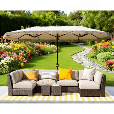 Très grand parasol rectangulaire pour patio, avec frange et manivelle