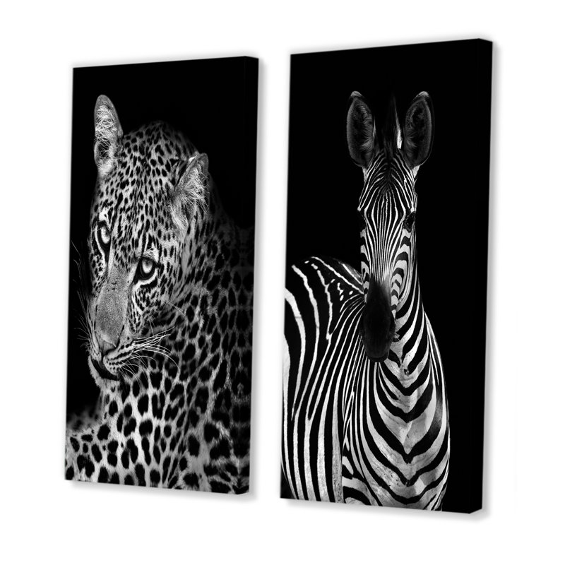 Leopard en noir et blanc II - ensemble de 2 reproductions sur toile, H 40 po x l 40 po x P 1 po, Toile tendue