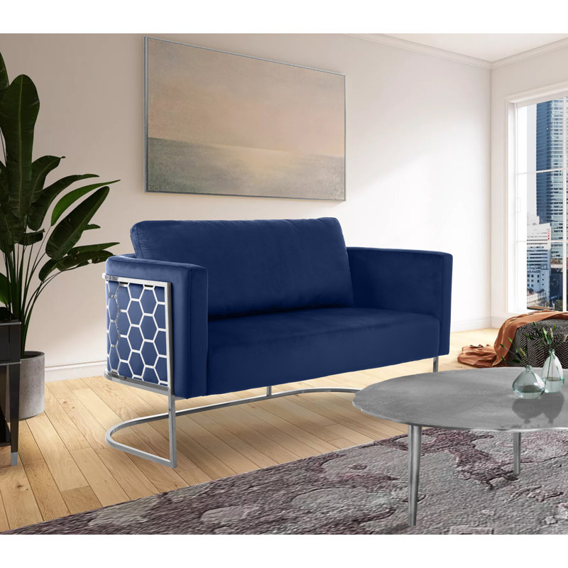 Casa 63.5" Velvet Armless Loveseat, Navy Velvet, Chrome