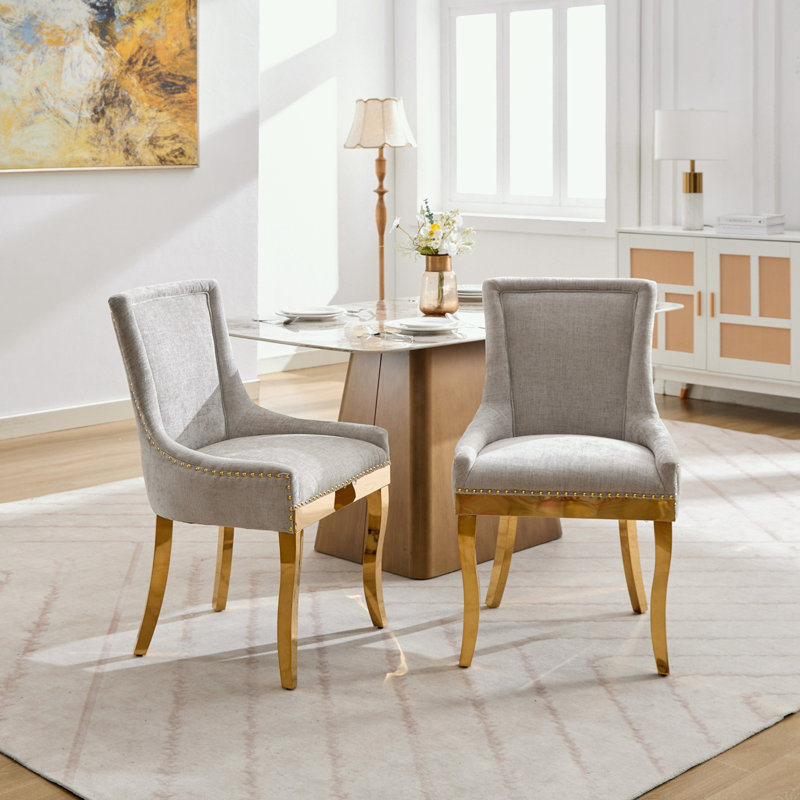 Ensemble de 2 chaises en chenille avec pieds courbés et garniture de rivets, Beige
