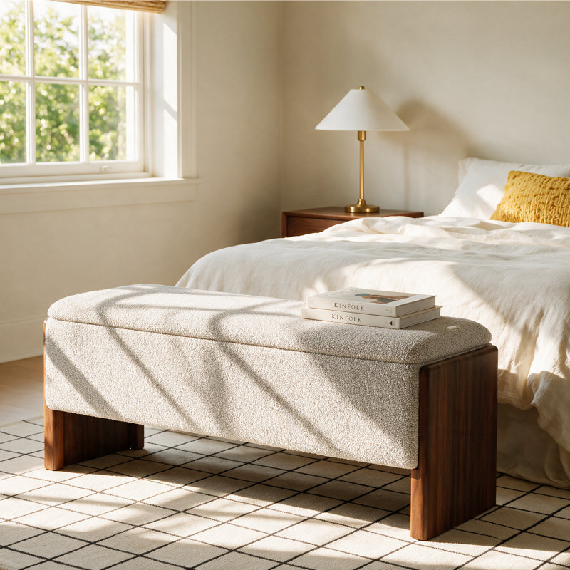 Banc de rangement rembourré bouclé de 42,5 pouces avec pieds en bois massif, Beige