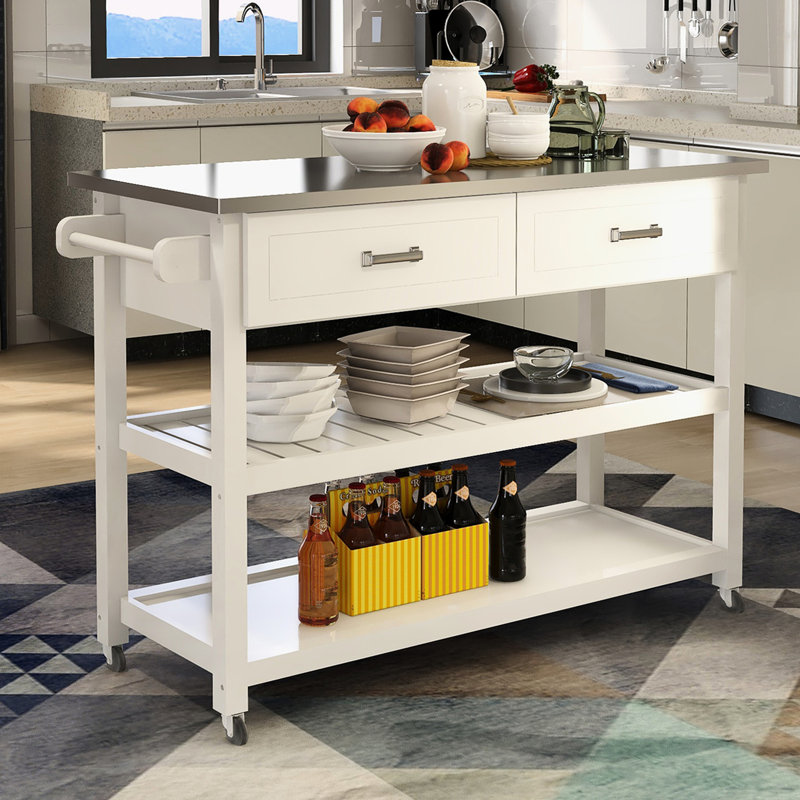 White Kitchen Cart Featuring Stainless Steel Top And Two Drawers - Space Efficient Accessory With Tabletop Simple Saving Design