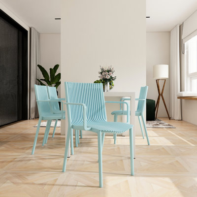 4Pcs Blue Stackable Pp Armchairs And A 55 Inch White Modern Long Table For Indoor/Outdoor Use, All-Weather Metal Legs With Slip Pads, Ergonomic Slatted Back, High-Grade Material, -, , , Easy To