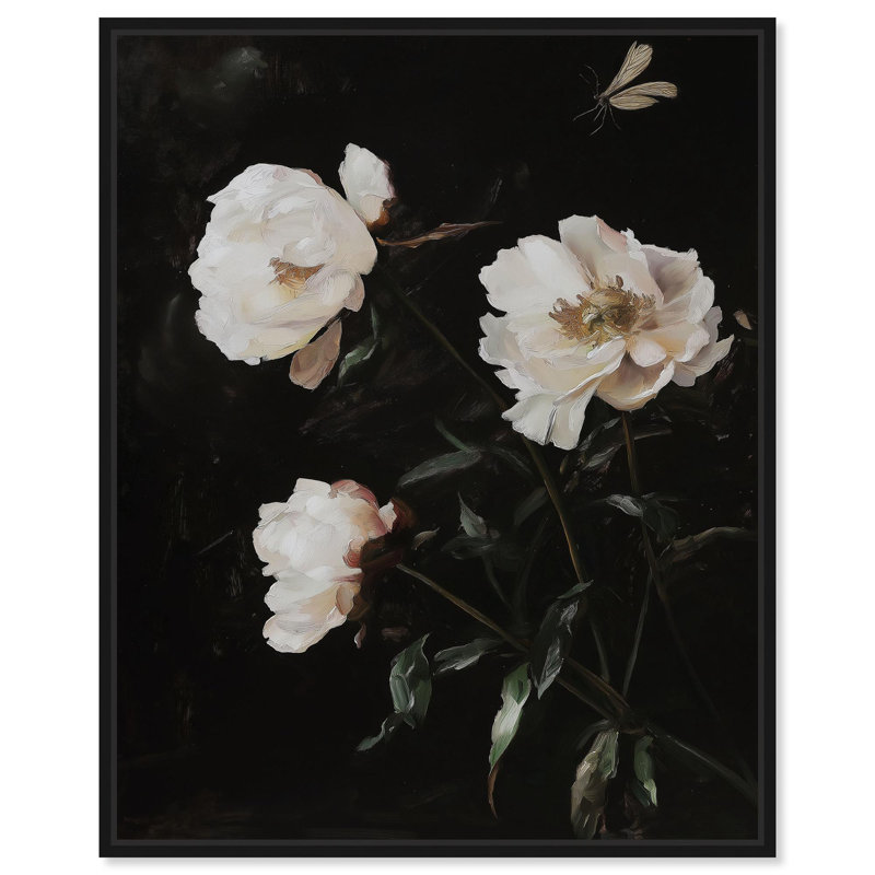 Peony Nocturne sur toile, fleurs élégantes et foncées par Art Remedy, H 21 po x l 17 po, Structure noire