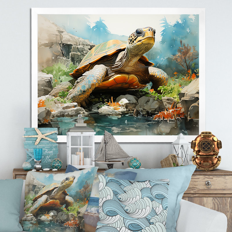 Vie marine contemporaine sur toile, Cadre simple blanc, H 34 po x l 44 po x P 1,5 po