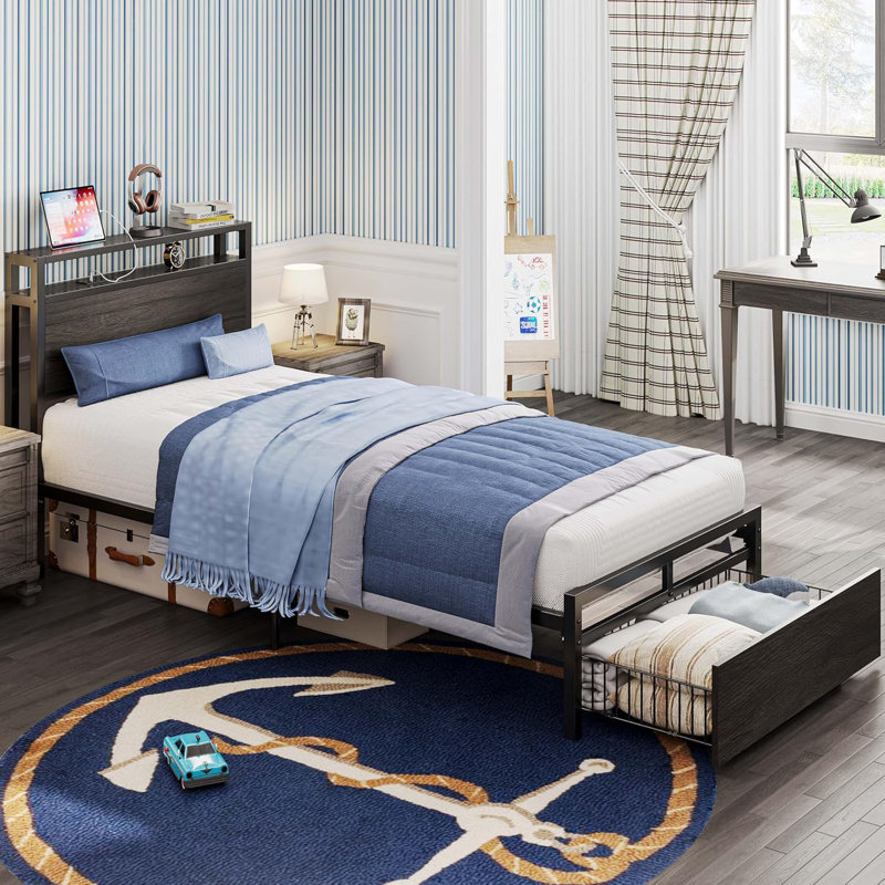 Bed Frames With Drawer, Storage Headboard With Outlets, No Box Spring Needed, Easy Assembly, Twin XL, Black
