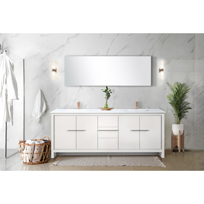 Meuble-lavabo blanc l 80 po x P 20 po, comptoir en quartz et robinet or rose - deux armoires, trois tiroirs pour un rangement suffisant 80 po 20 coiffeuses avec portes à fermeture en douceur