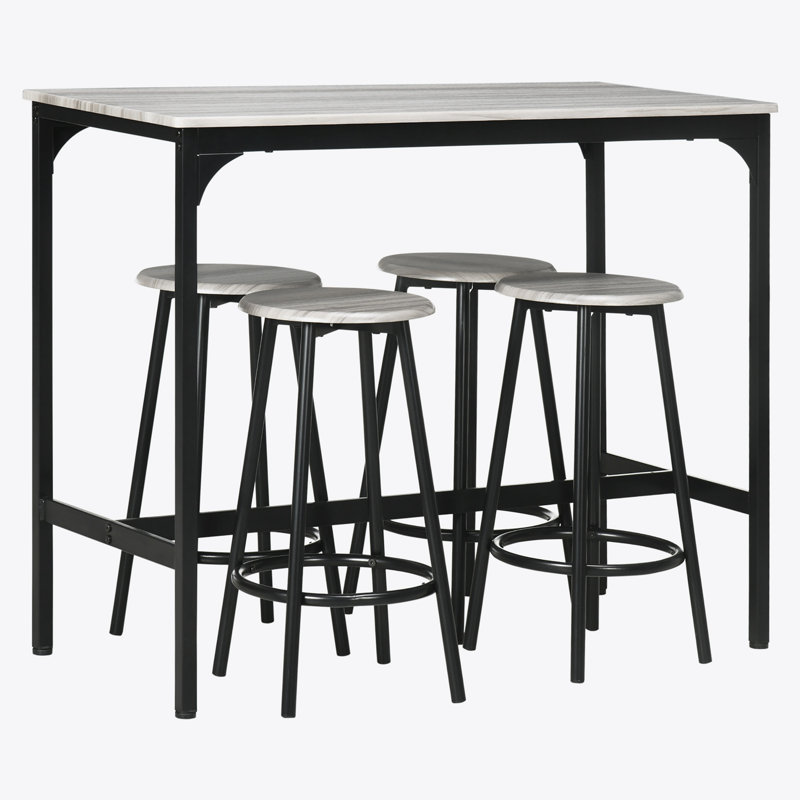 Chumy 5-Piece Bar Table And Chairs Set, Industrial Space Saving Bar Table With Stools, Kitchen Table And 4 Round Bar Stools With Metal Frame For Pub, Dining Room