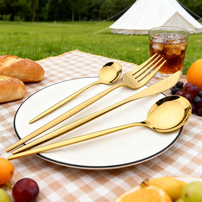 Ensemble de couverts 24 pièces avec support, ensemble de couverts en acier inoxydable avec poignées noires pour la cuisine à domicile, la fête de mariage et l'utilisation quotidienne, service pour 6, finition polie miroir or noir