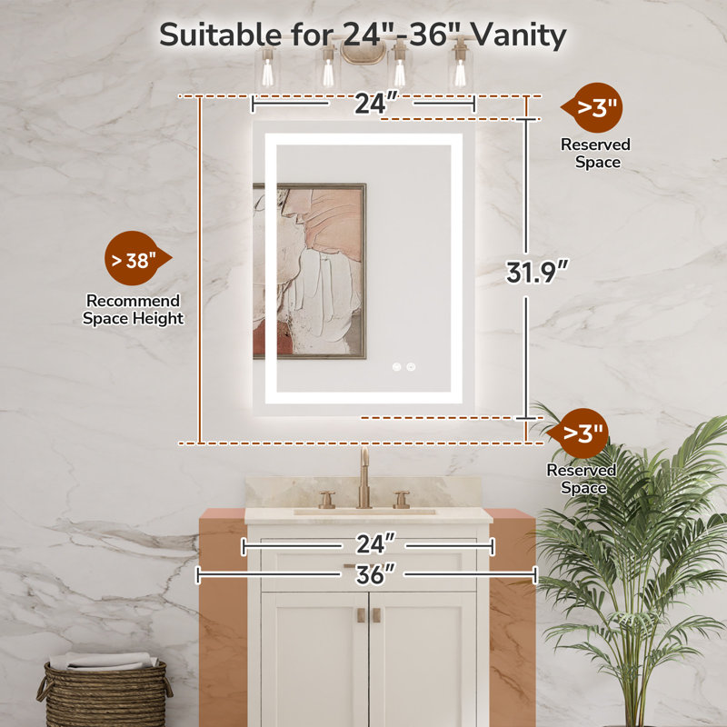 Cardier Front and Backlit Wall Mount Bathroom LED Vanity Mirror with 3-Color Adjustment, Shatterproof, Tempered Glass