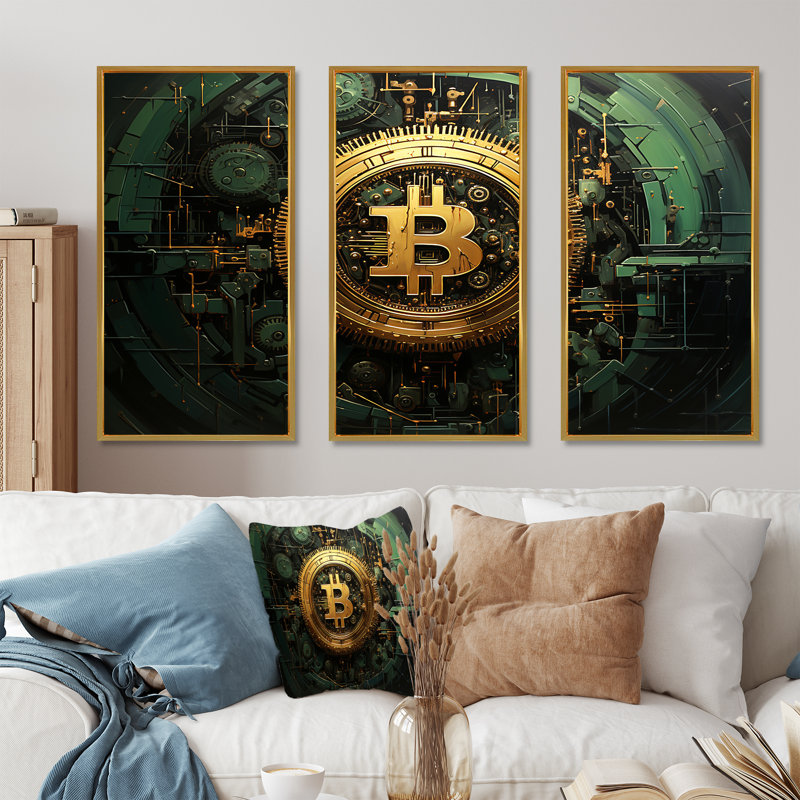 «Gold Impressionistic Crypto Bitcoin», art mural mode, Cadre flottant doré, H 32 po x l 48 po x P 1 po